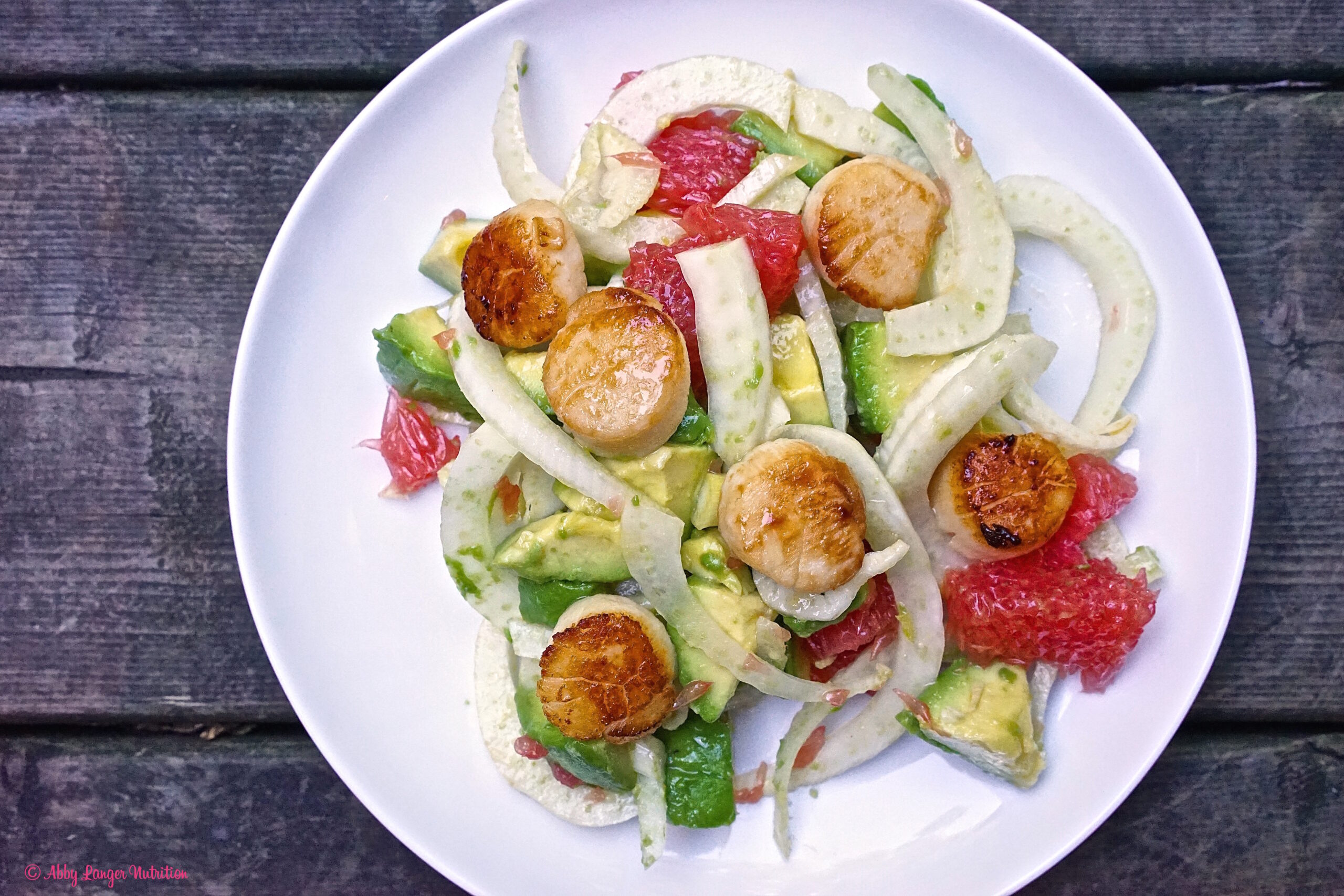 (No Cook Meal..sort of) Fennel and Pink Grapefruit Salad with Seared Scallops and Pink Grapefruit Vinaigrette