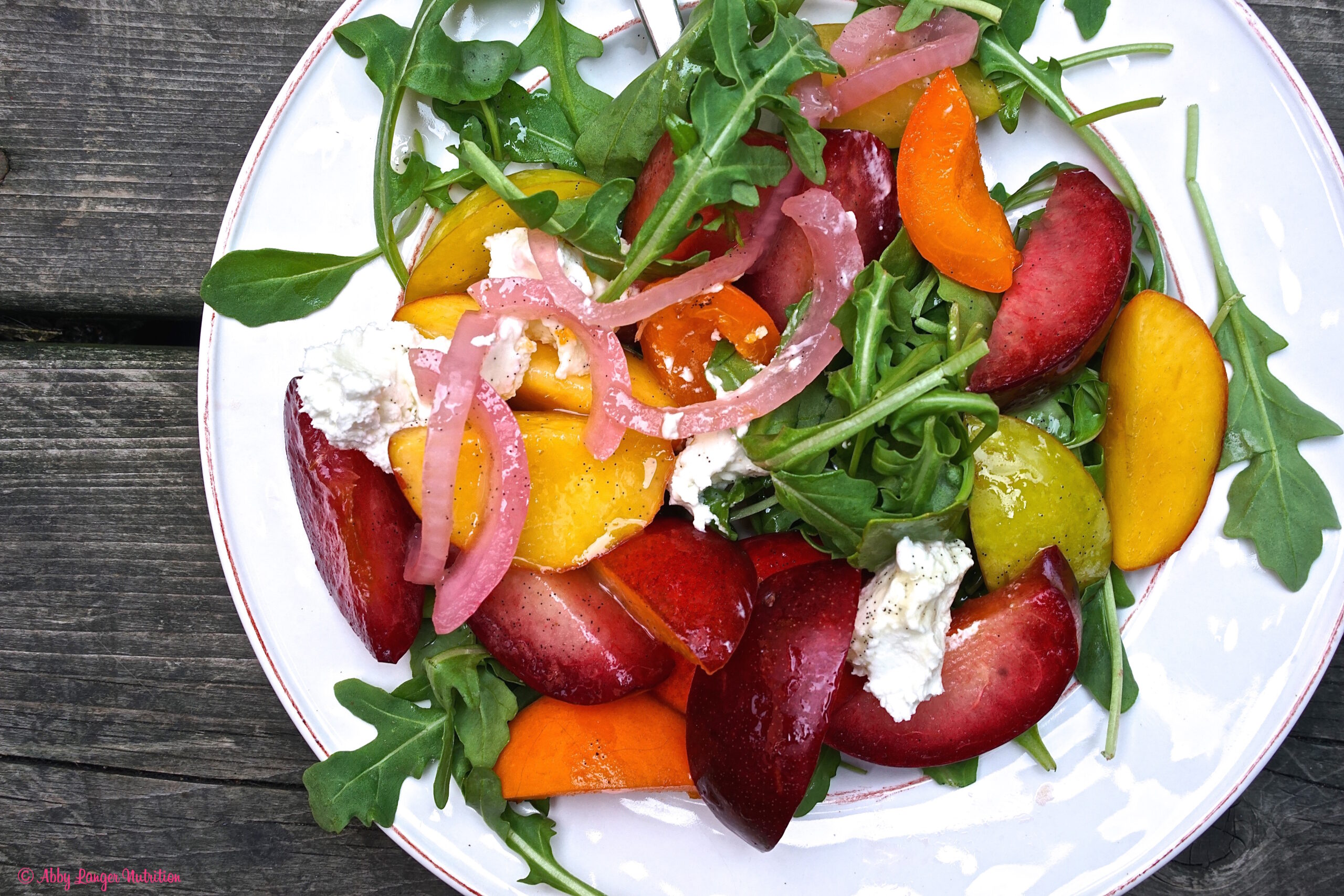 (No Cook Meal) Stone Fruit Salad with Goat Cheese, Pickled Onions, and Vanilla Vinaigrette