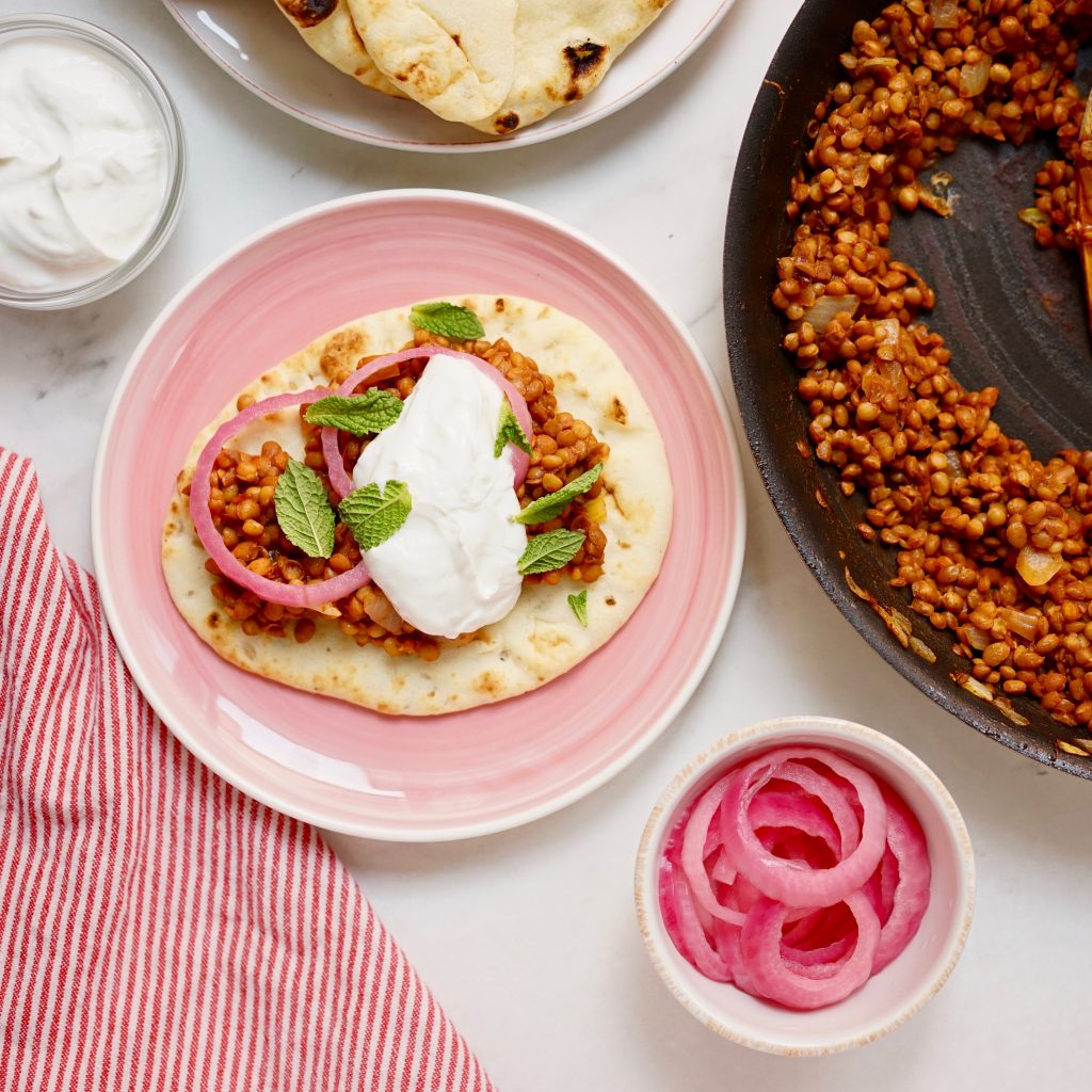 Spicy Harissa Lentil Recipe with Cooling Yogurt Sauce